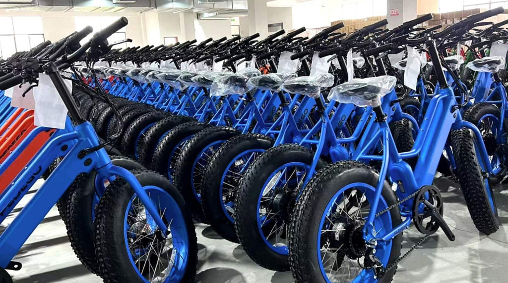 Rows of electric bikes in DAMAXED factory warehouse, arranged neatly, in blue and red.