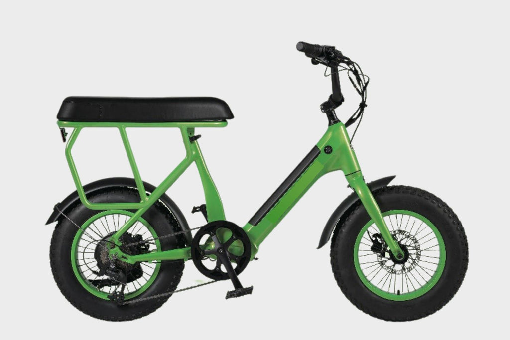 Green DAMAXED Electric Child's Bike with side view, designed for multiple ages and accommodates two riders.