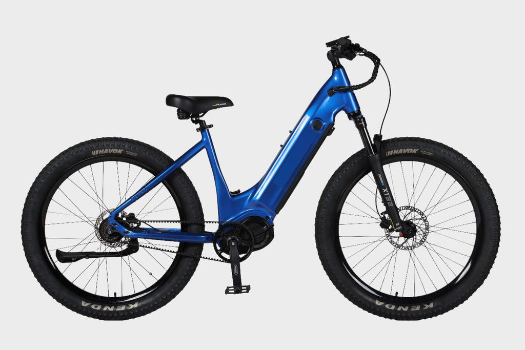 Side view of a stylish blue DAMAXED Electric Step-Through Commuter Bike, designed for comfortable and efficient urban commuting.