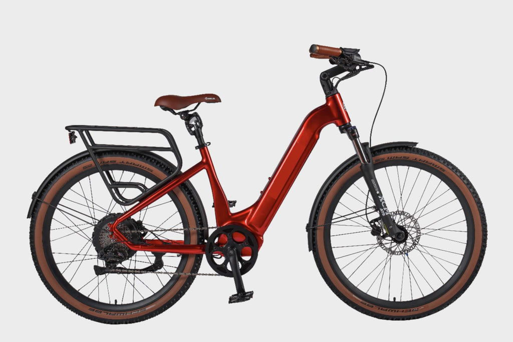 Red DAMAXED Electric City Commuter Urban Bike - Side view, equipped with a brown saddle.