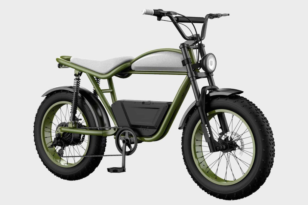 Side view of DAMAXED green electric fat tire bike with brown leather saddle, LG 48V15Ah battery, Bafang 750W motor. Top speed 29+ MPH, 45+ mile range.