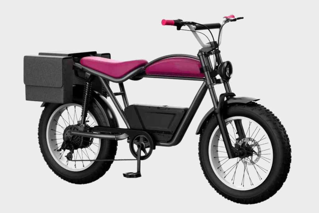 Side view of DAMAXED pink electric fat tire bike with brown leather saddle, LG 48V15Ah battery, Bafang 750W motor. Top speed 29+ MPH, 45+ mile range.