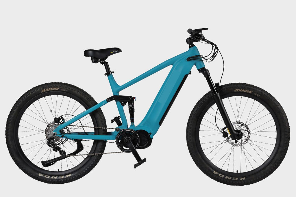 Side view of a sleek blue high-performance DAMAXED Electric Mountain Bicycle, perfect for off-road adventures.