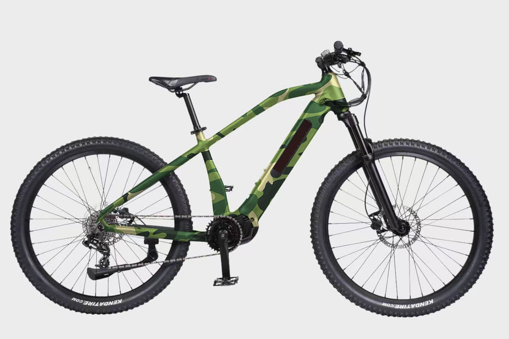 Side view of a high-performance Camouflage DAMAXED Electric Mountain Bike, designed for thrilling off-road rides.