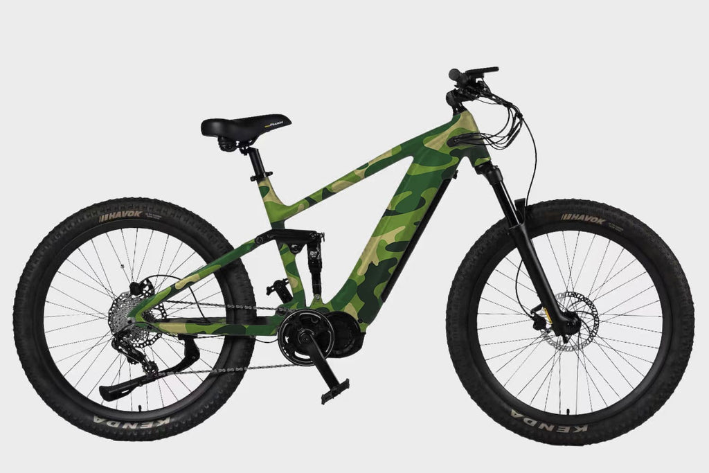 Side view of a camouflage high-performance DAMAXED Electric Mountain Bicycle, perfect for off-road adventures.