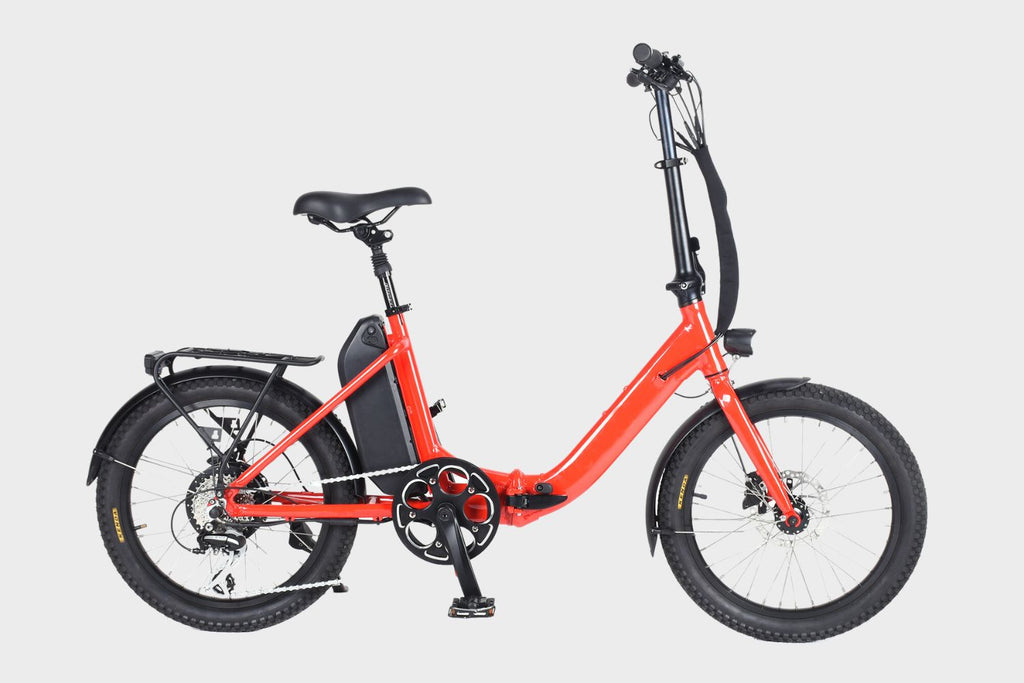 Side view of DAMAXED Electric Folding Lightweight Bike - Orange, with rear battery placement.