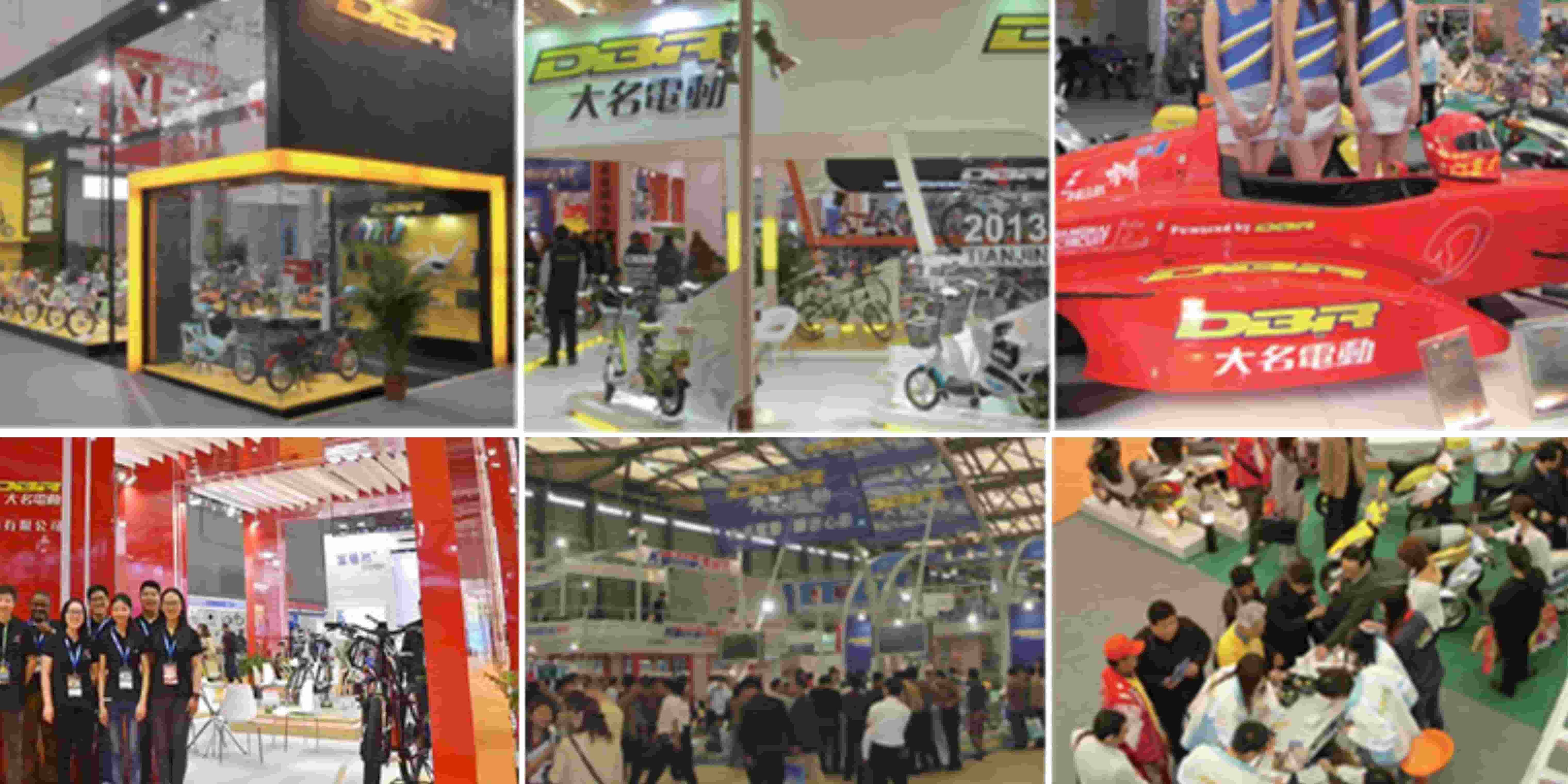 Lively electric bicycle exhibition with DBR and Damaxed employees posing for photos, showcasing model bikes, and interacting with customers.