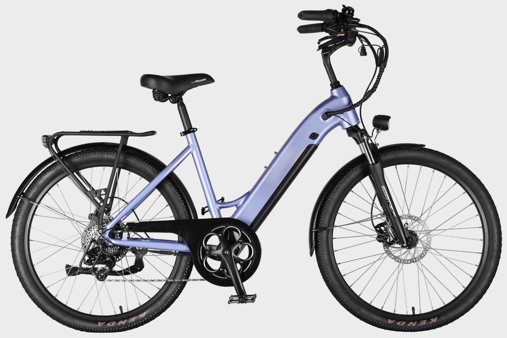 Side view of purple DAMAXED electric city bike, 20+ mph, 45 mile range, LG 48V14Ah battery, Bafang 350W motor. Ideal for daily commutes.