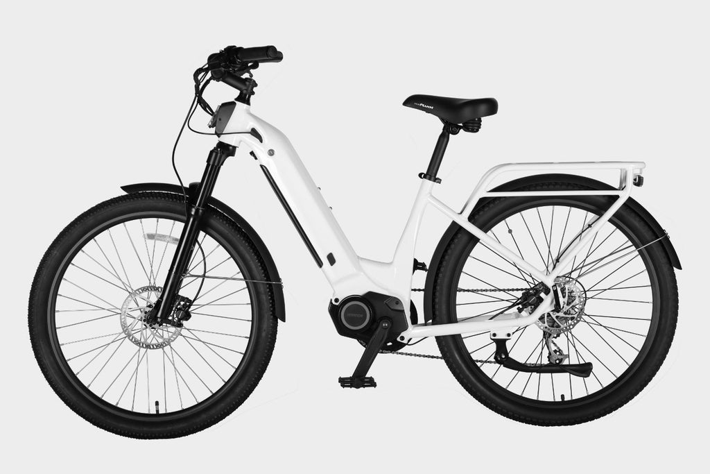 Other side view of a white electric commuter bike featuring Ananda M100 Mid-drive Motor, 500W, and 9-speed derailleur.