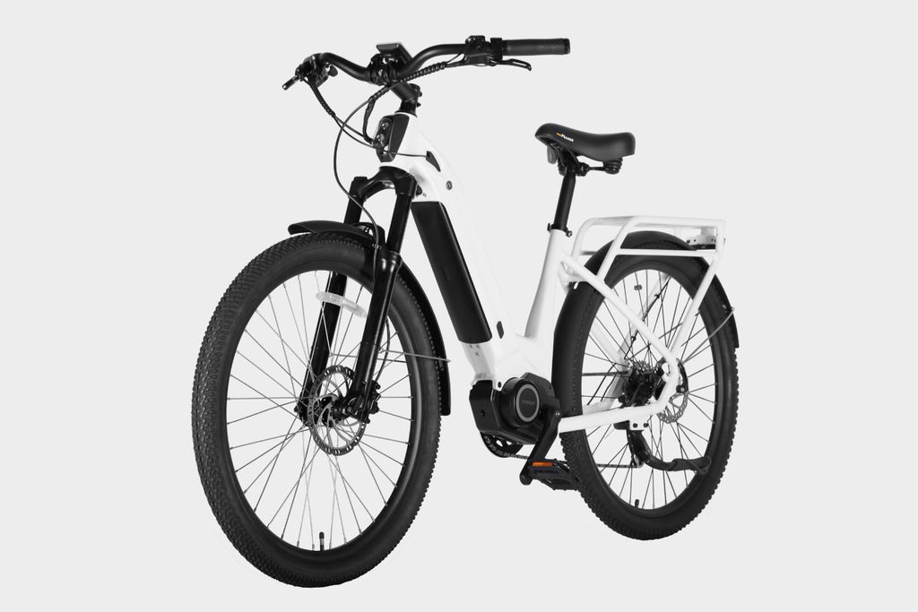 White DAMAXED electric city bike, 9-speed, Ananda M100 motor, LG 48V14Ah battery. Side view, 45 degree angle.