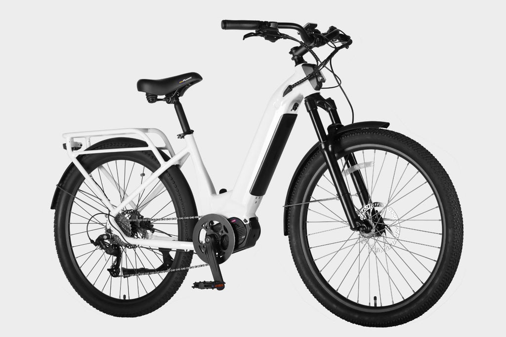White electric commuter bike, 9-speed, Ananda M100 motor, LG 48V14Ah battery. 24+ MPH, 45 mile range. Side view, 45 degree angle.