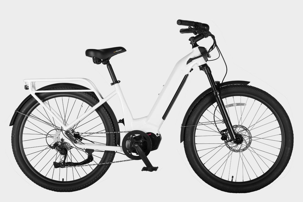 Side view of a white electric commuter bike featuring Ananda M100 Mid-drive Motor, 500W, and 9-speed derailleur.