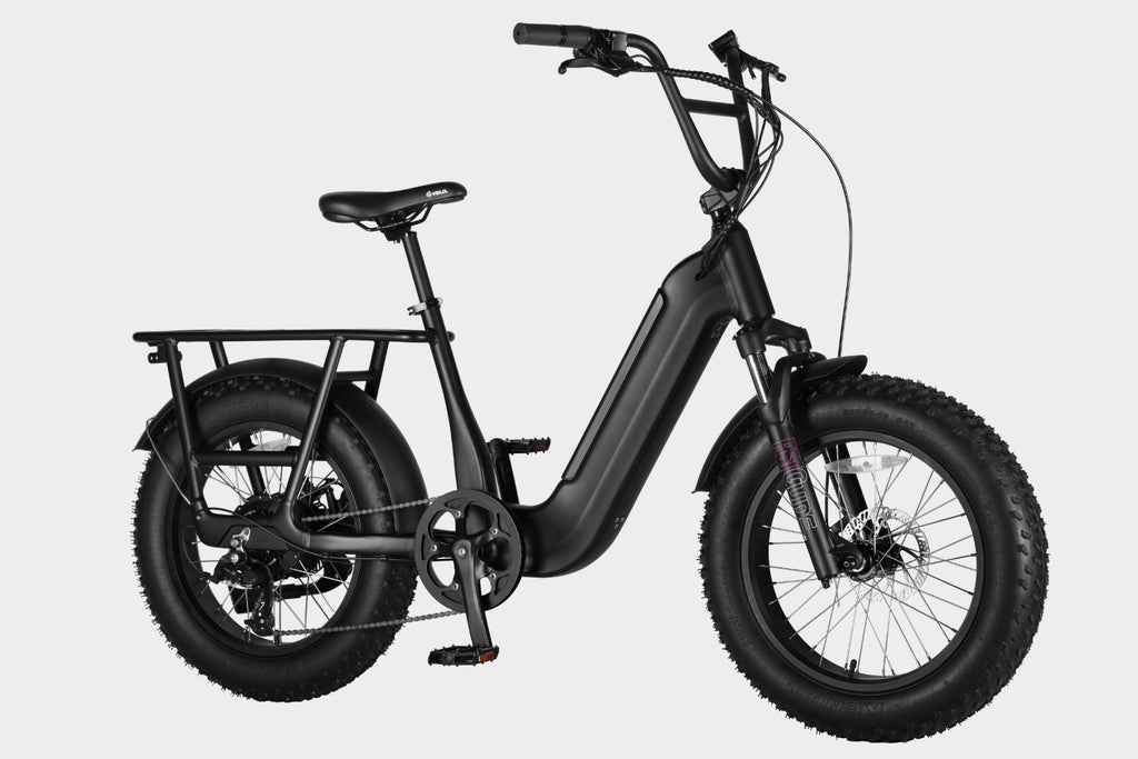 45-degree angle view of Black Samsung/LG 48V15Ah electric cargo fat tire bike with Bafang 500W motor and 45+ mile range. Ideal for effortless cargo transport.