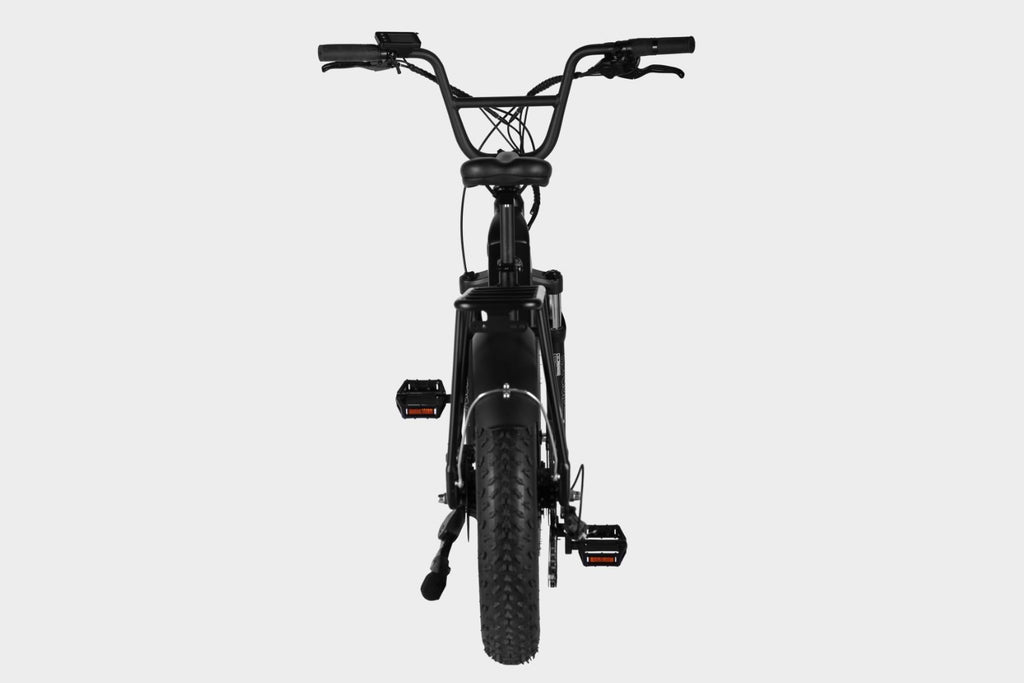 Black Samsung/LG 48V15Ah electric cargo fat tire bike with Bafang 500W motor and 45+ mile range. Back view showing rear rack and fenders.