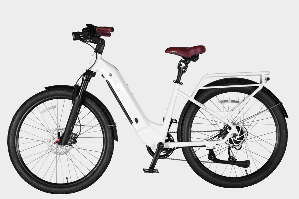 Side view of a DAMAXED white electric commuter bike, 26+ mph, 45+ mile range, LG 48V14Ah battery, Bafang 500W motor. Ideal for daily commuting.