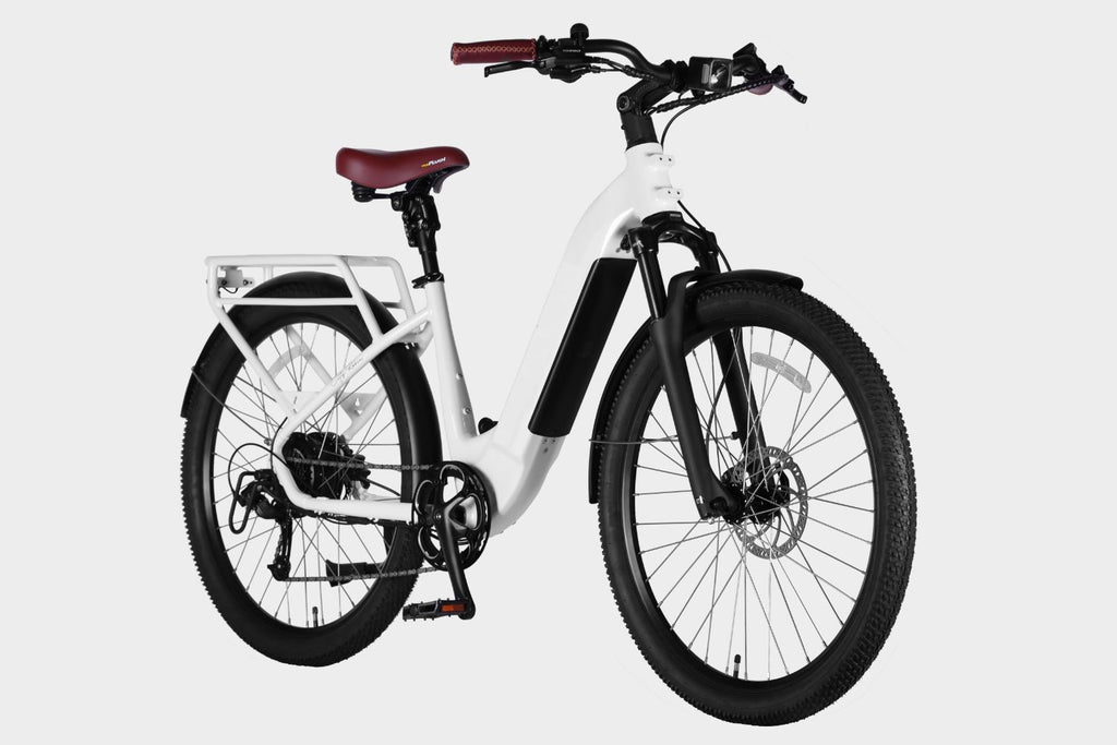 45-degree side view of a DAMAXED white electric commuter bike with 26+ mph top speed, 45+ mile range, LG 48V14Ah battery, and Bafang 500W motor. Ideal for daily commuting.