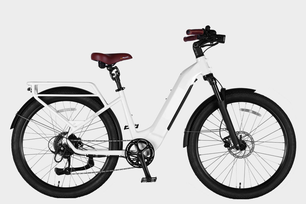 Side view of a DAMAXED white electric commuter bike, 26+ mph, 45+ mile range, LG 48V14Ah battery, Bafang 500W motor. Ideal for daily commuting.