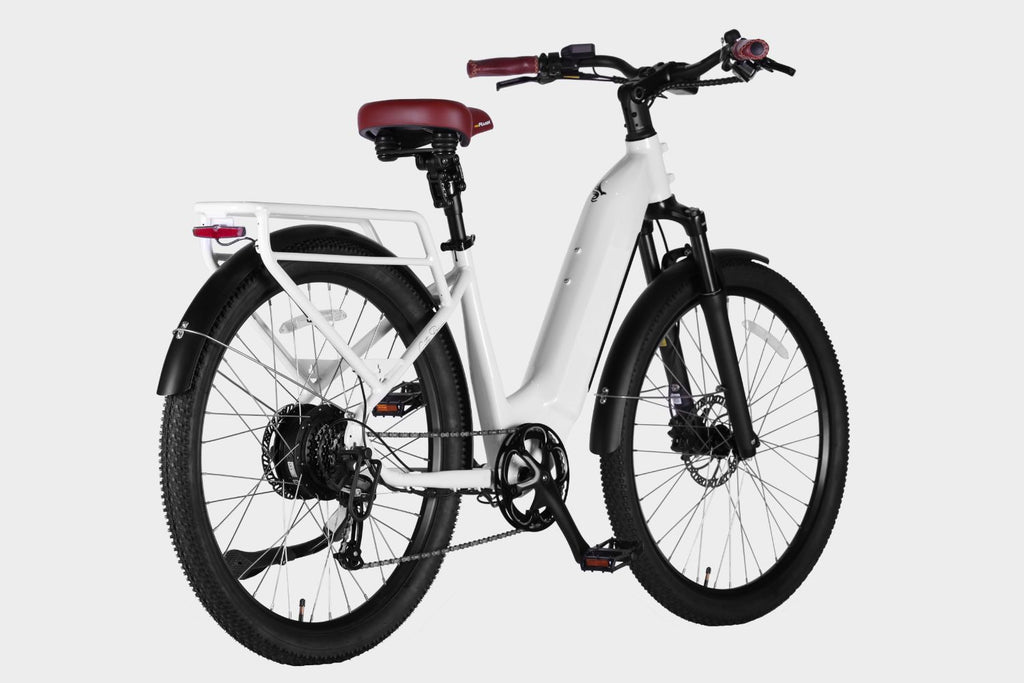 45-degree side view of white DAMAXED electric city bike with brown leather saddle, 9-speed, Ananda M100 motor, LG 48V14Ah battery.