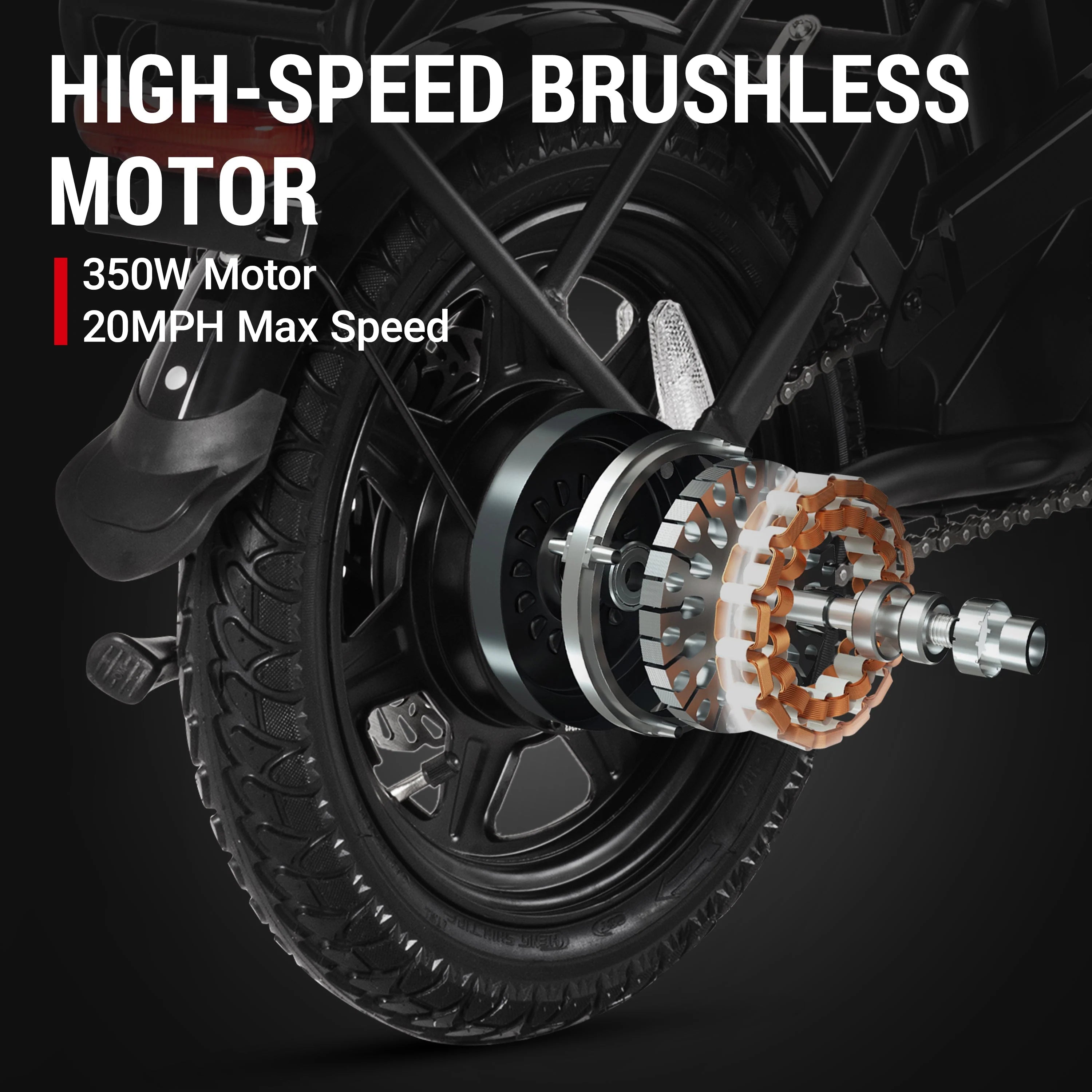 Close-up of an C3 foldable electric bike's high-speed brushless motor with specifications on a dark background.