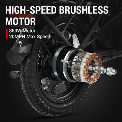 Close-up of an C3 foldable electric bike's high-speed brushless motor with specifications on a dark background.