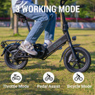 Person riding a black C3 foldable electric bike with text on working modes in an outdoor setting