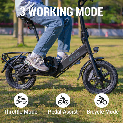 Person riding a black C3 foldable electric bike with text on working modes in an outdoor setting