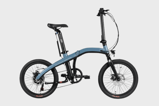 Side view of blue DAMAXED 20" folding e-bike.
