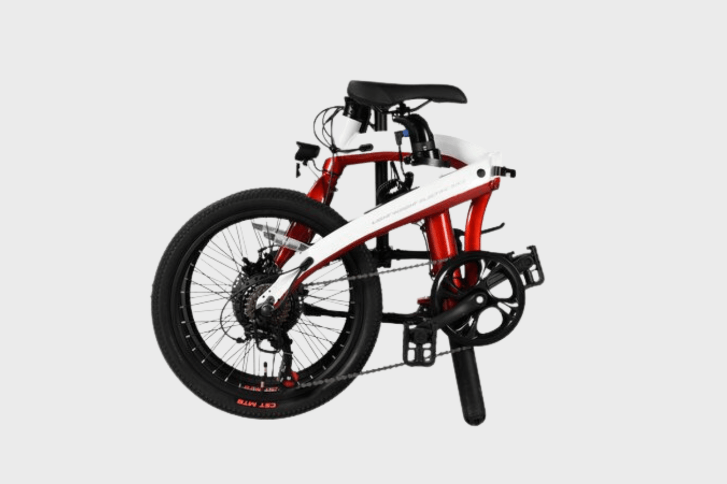Folded red and white DAMAXED 20" e-bike.