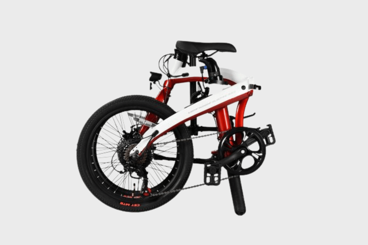 Folded red and white DAMAXED 20" e-bike.