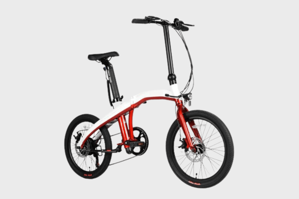 45-degree view of red-white DAMAXED 20" folding e-bike.