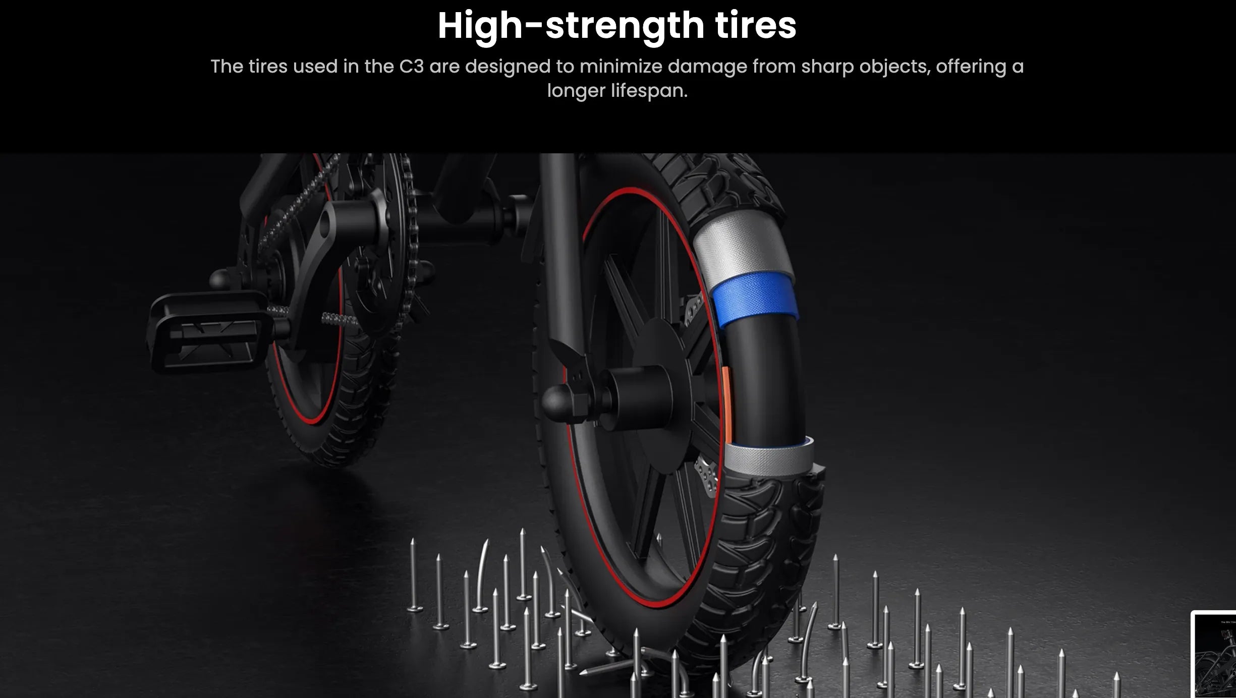 C3 foldable electric bike wheel with high-strength tires designed to minimize damage from sharp objects on a dark background.