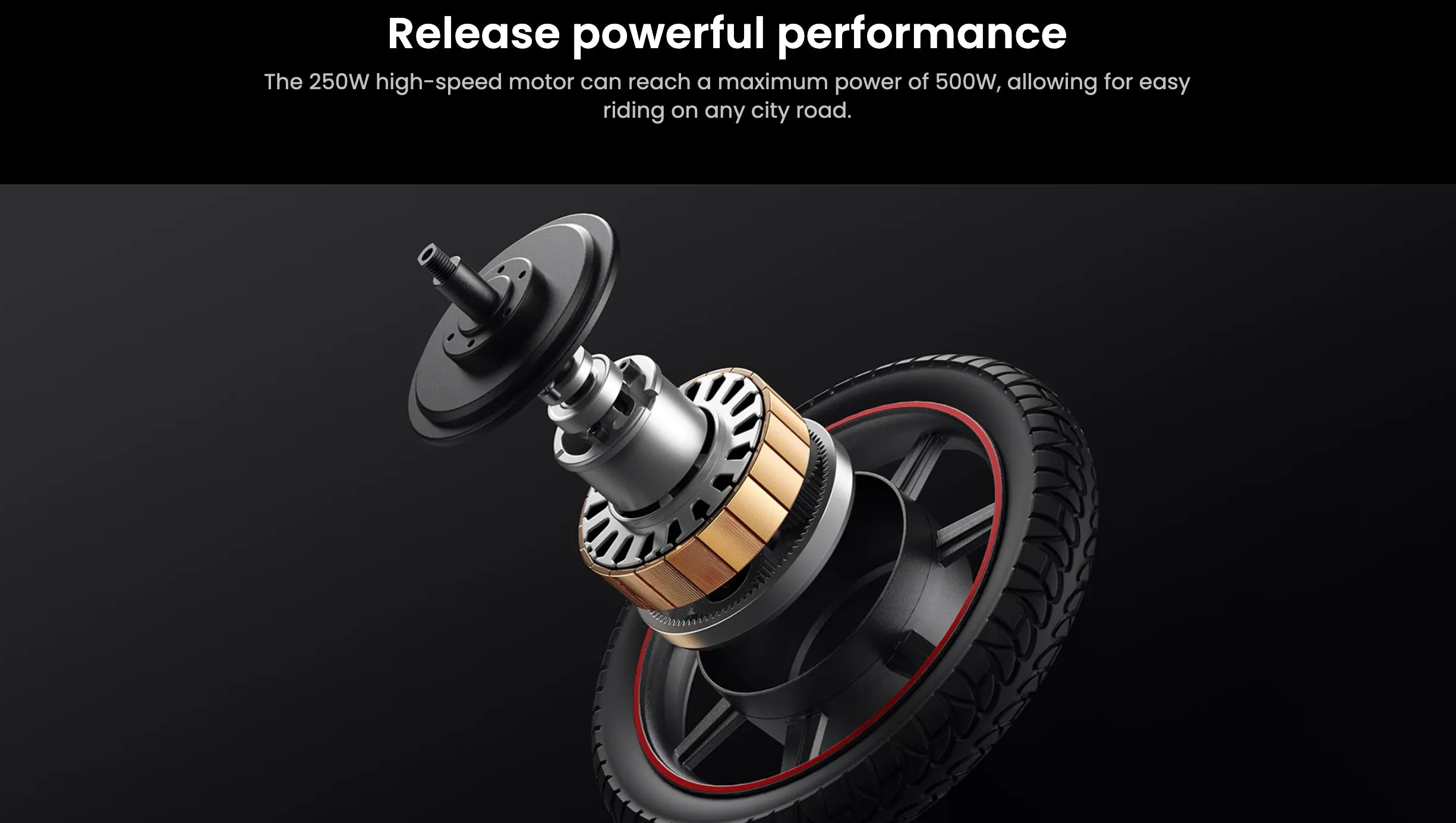 Motor and wheel assembly with text about powerful performance on a black background