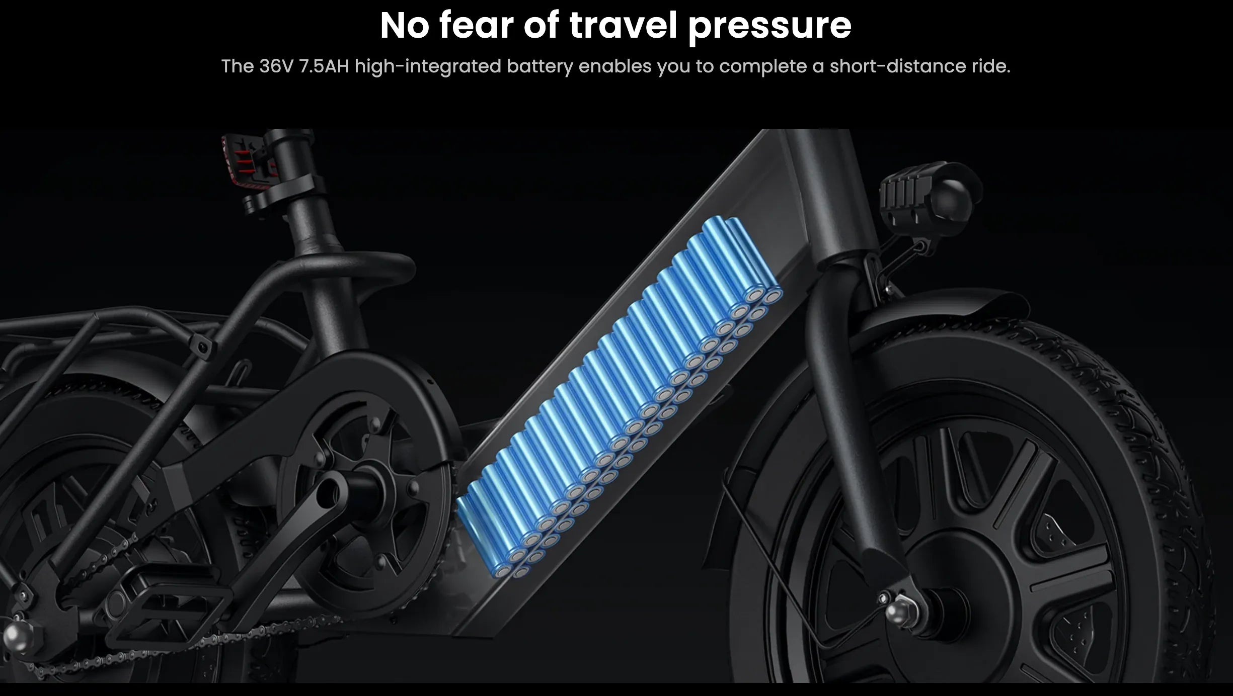 Electric bike with a highlighted battery pack on a black background