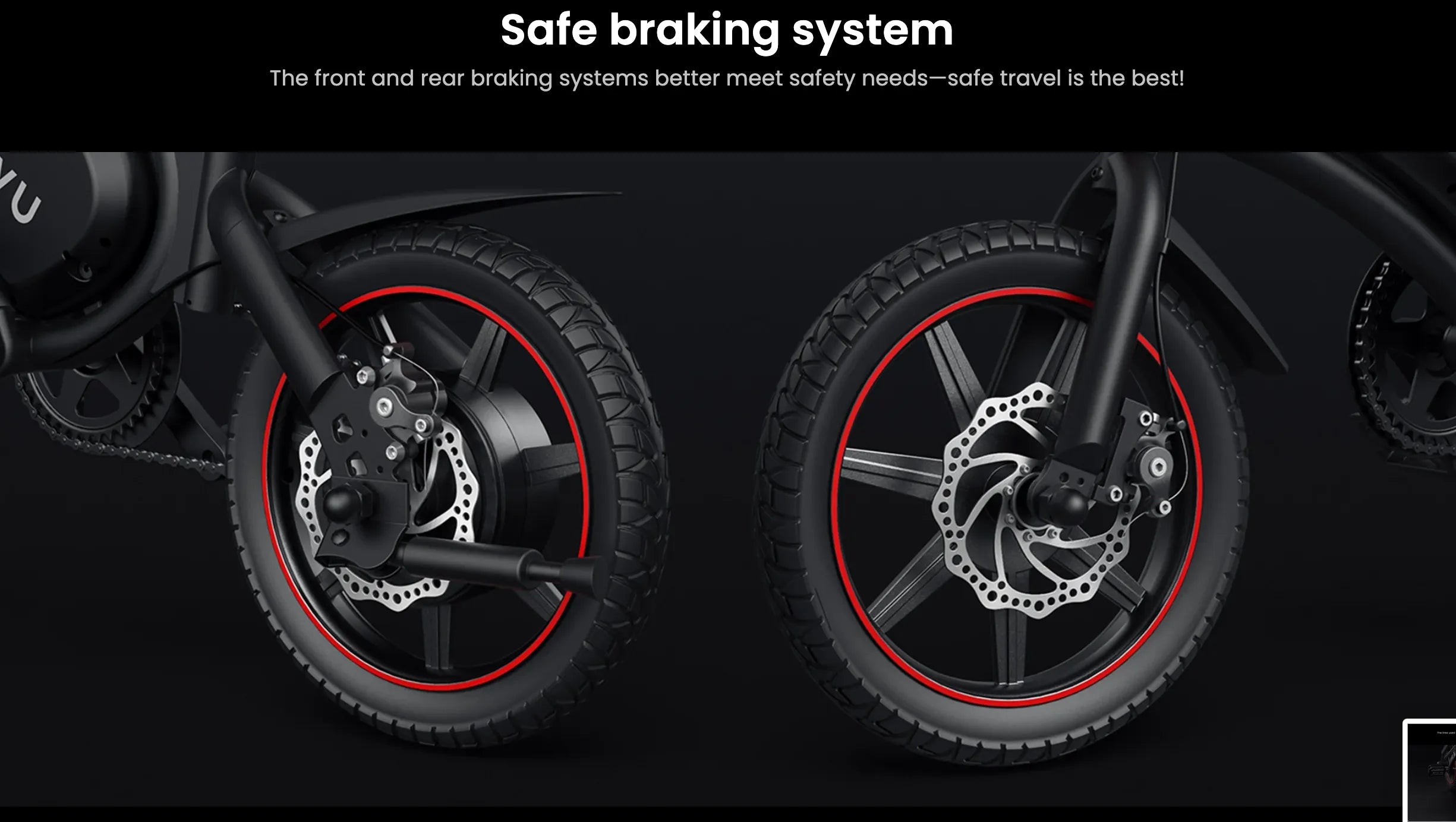 Close-up of a C3 foldable electric bike's front and rear braking systems with text on a black background.