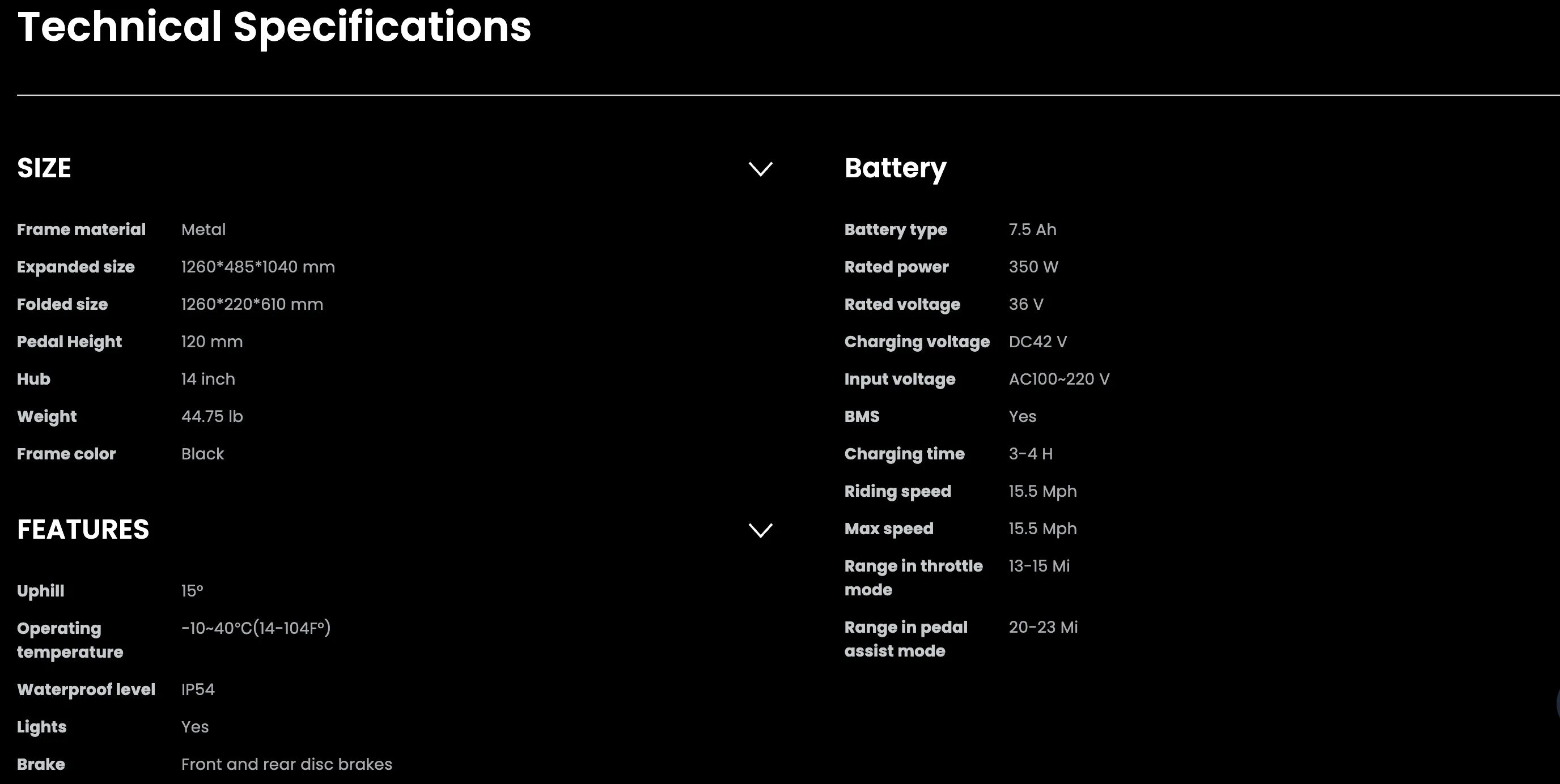 Technical specifications of a product displayed on a black background