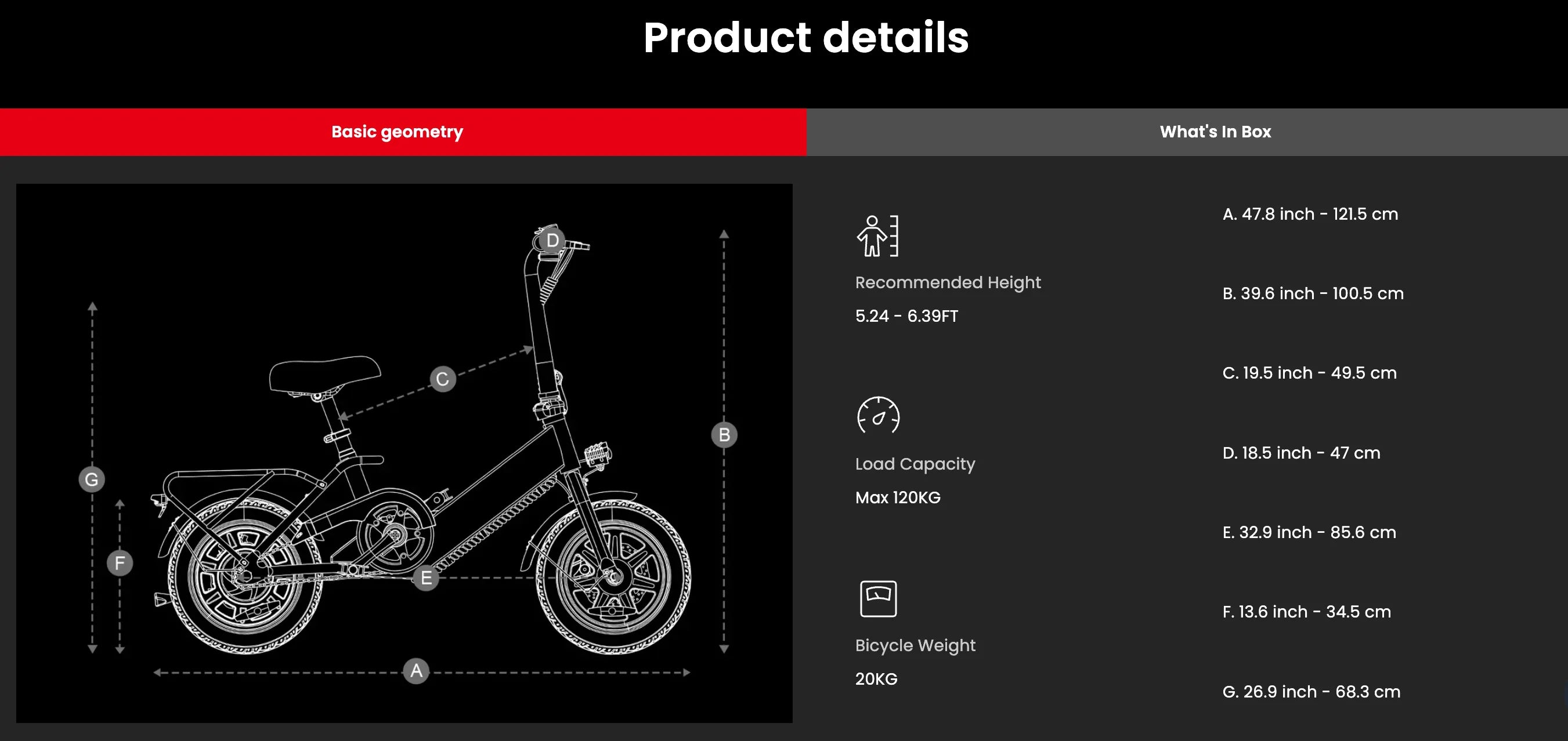 Product details of a C3 foldable electric bike with technical diagram and specifications on a black background