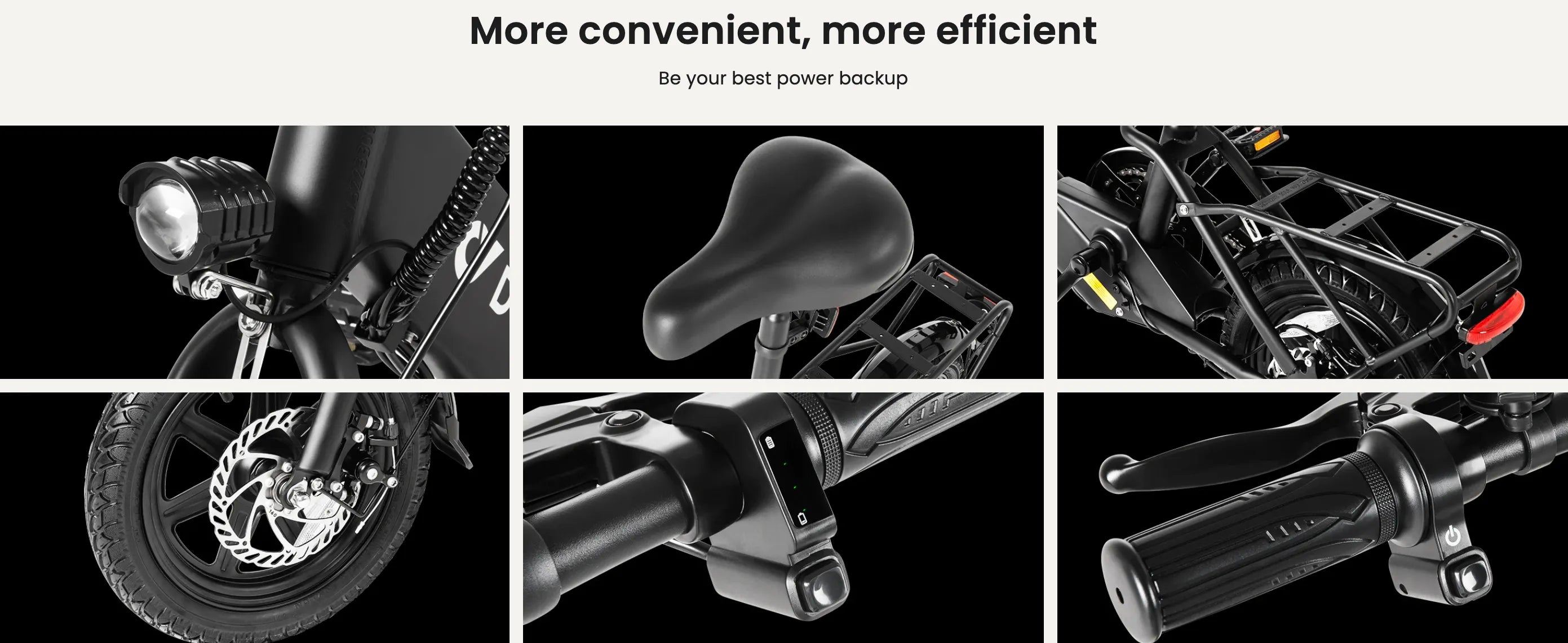 Black and white images of a C3 foldable electric bike with text 'More convenient, more efficient' on a black background.