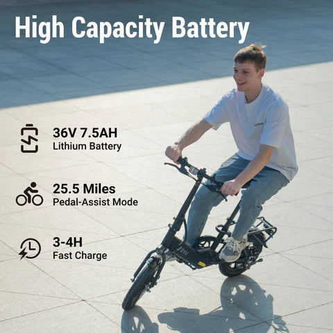 Person riding a C3 foldable electric bike with battery information displayed