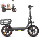 Black electric scooter with a dog in a basket on a white background