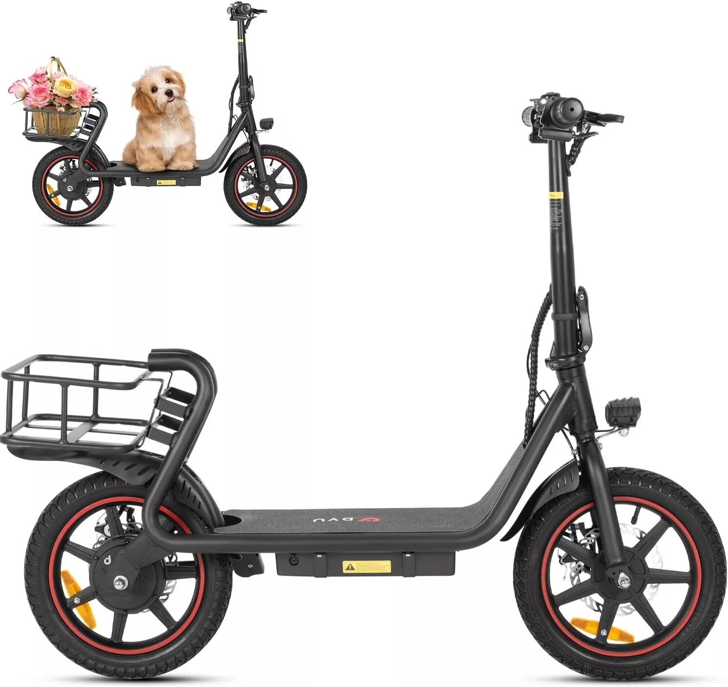 Black electric scooter with a dog in a basket on a white background