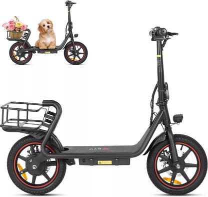 Black electric scooter with a dog in a basket on a white background