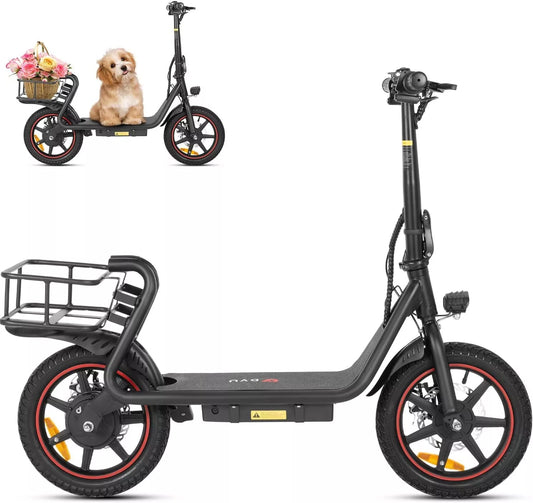 Black electric scooter with a dog in a basket on a white background