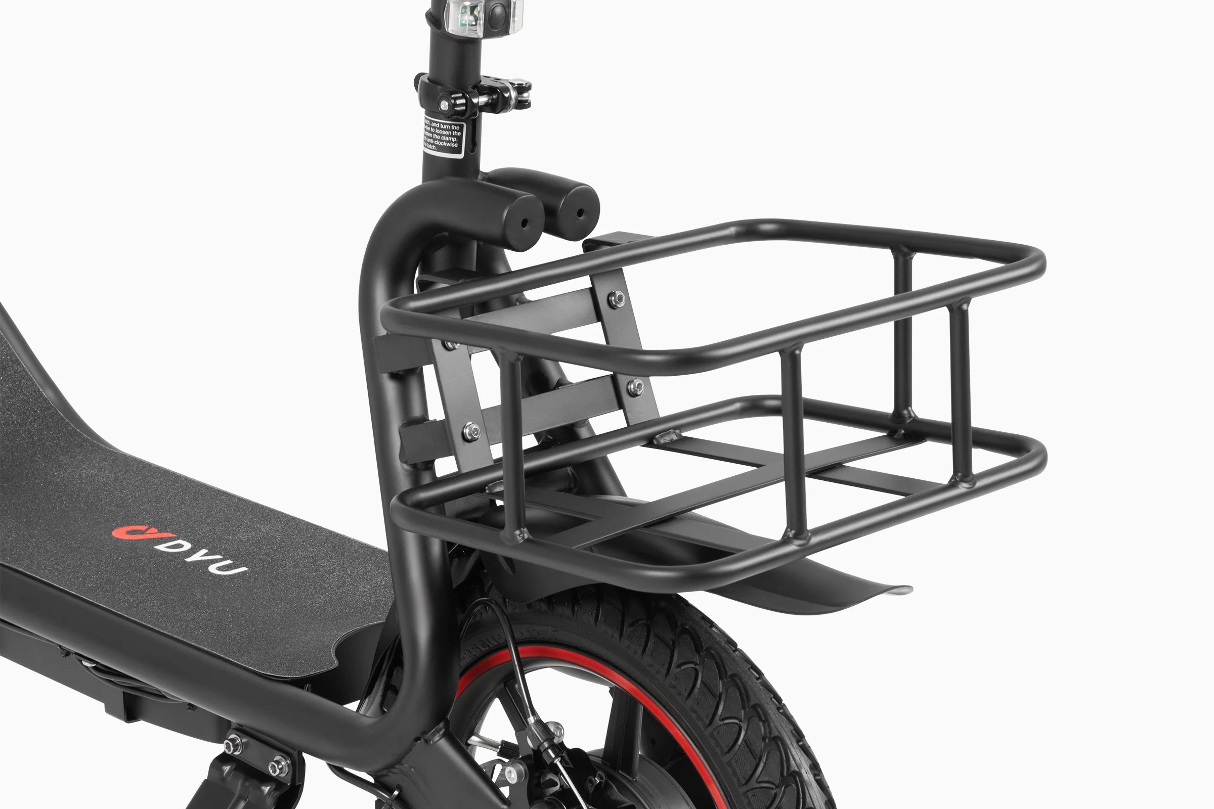 Black scooter with a basket attached, featuring the DYU brand logo.