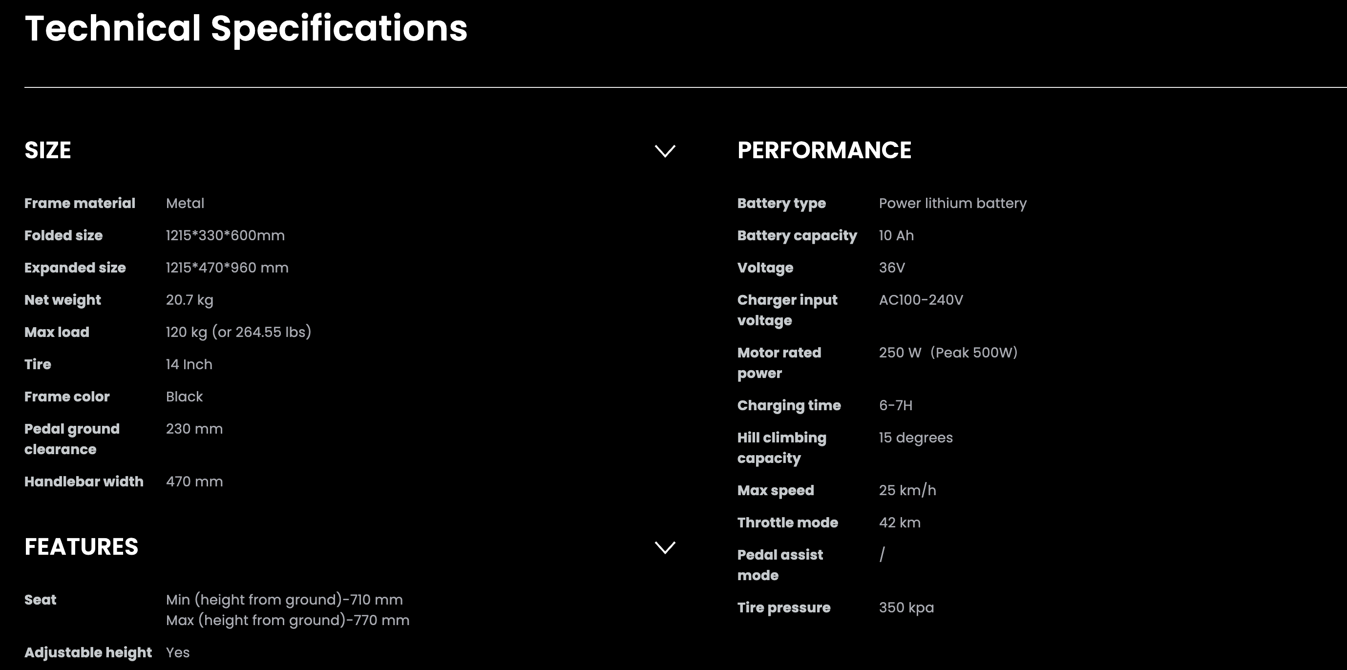 Technical specifications table for a DYU C4 ebike on a black background