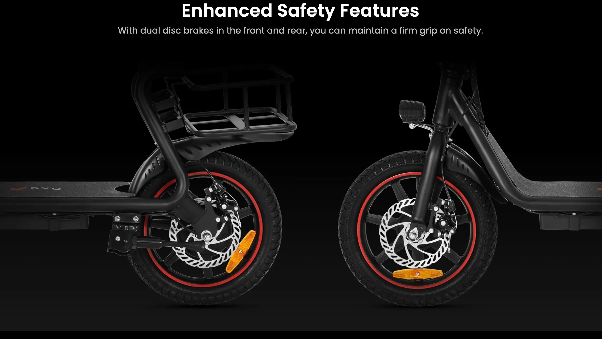 Electric scooter with dual disc brakes on a black background