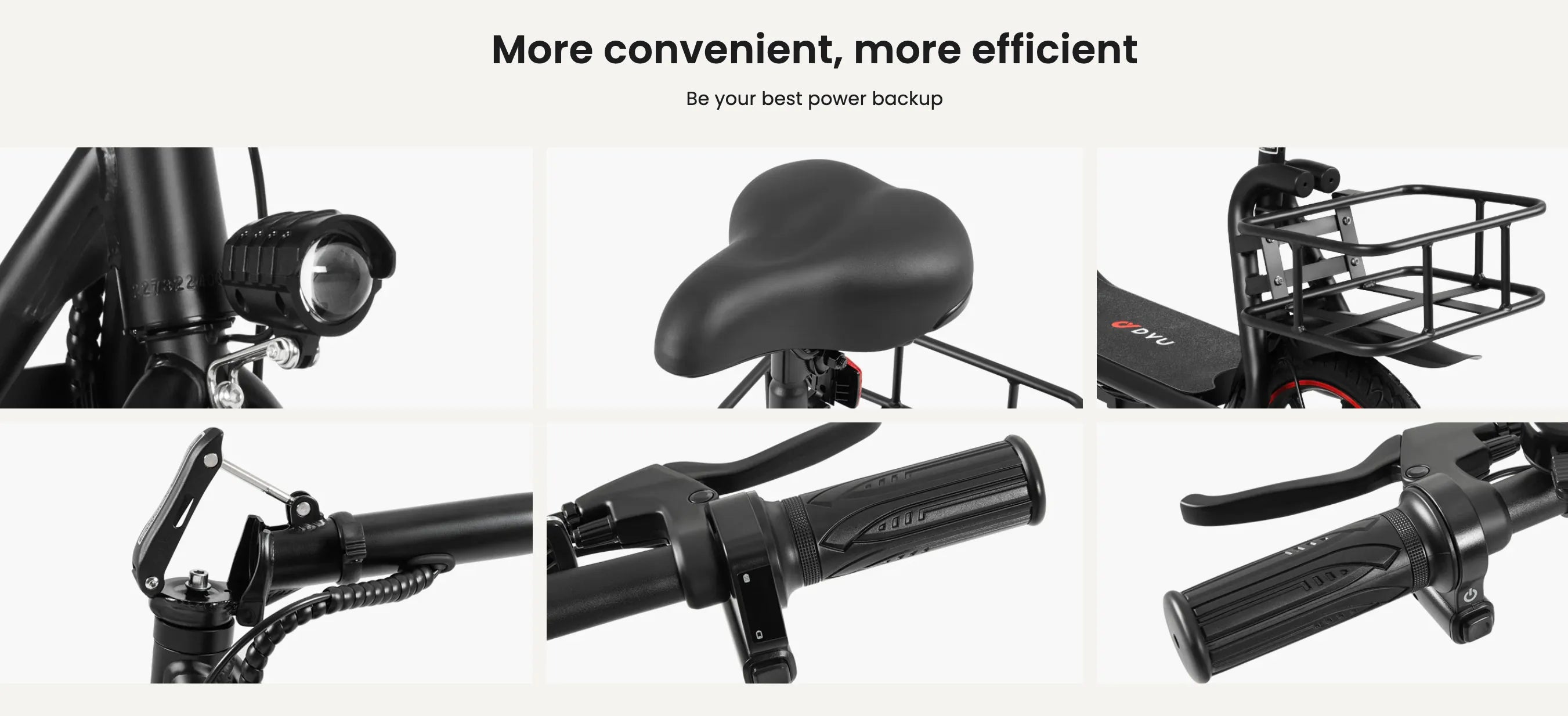 DYU C4 ebike parts including handlebars, seat, and lights with text 'More convenient, more efficient be your best power backup.
