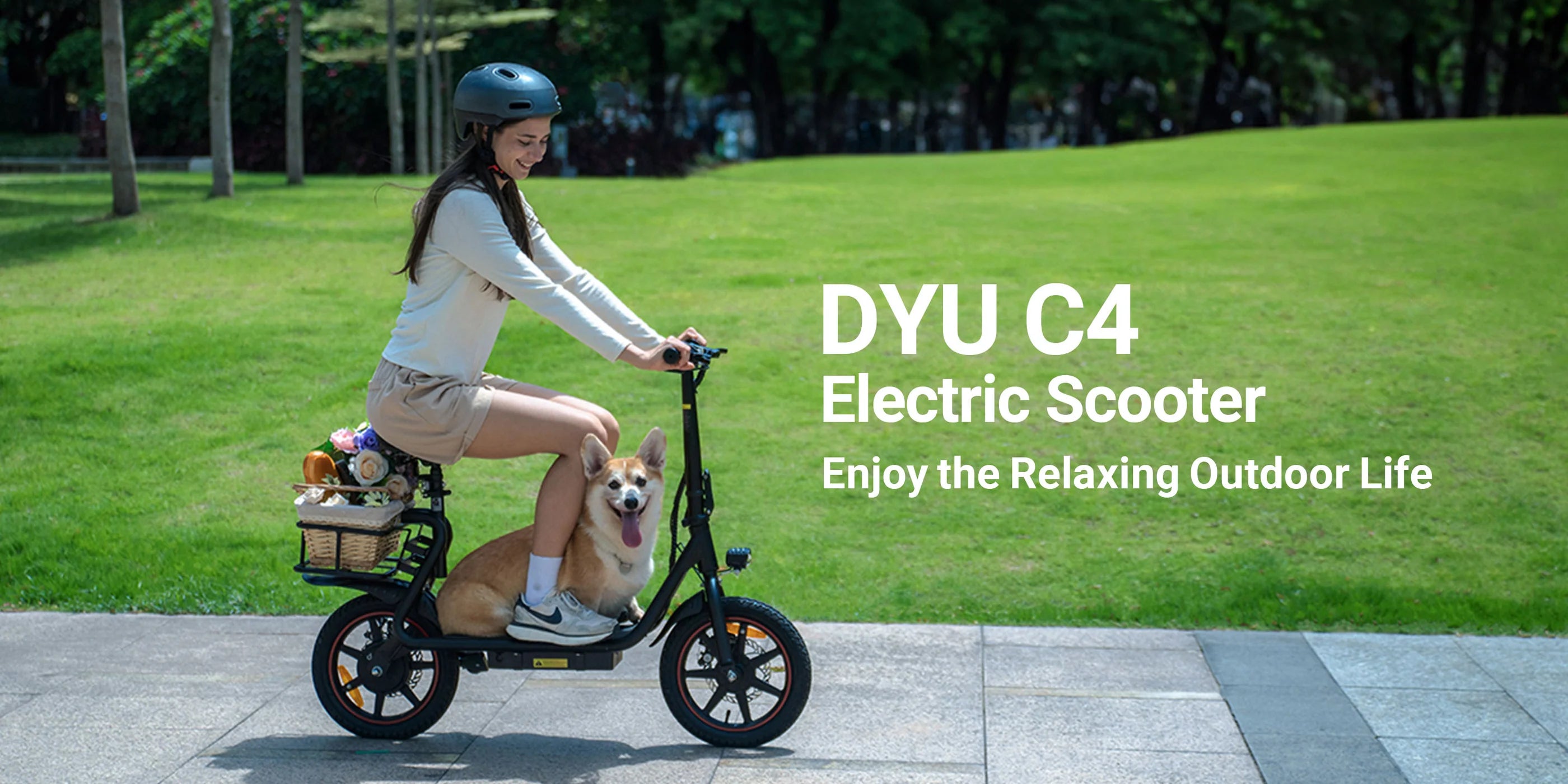 Person riding a DYU C4 electric scooter with a dog in a basket on a grassy area.