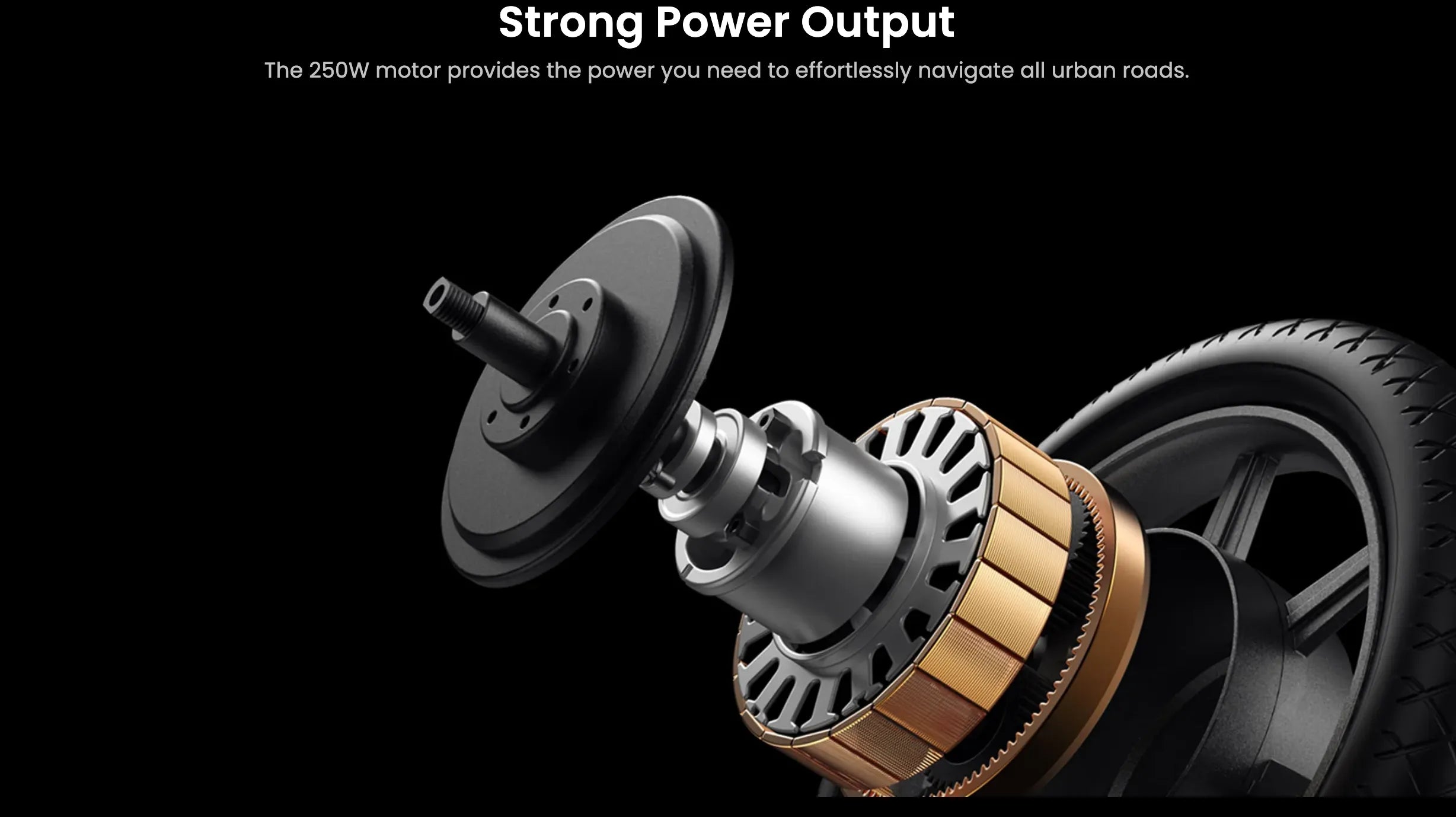 Motor and wheel assembly with text about strong power output on a black background