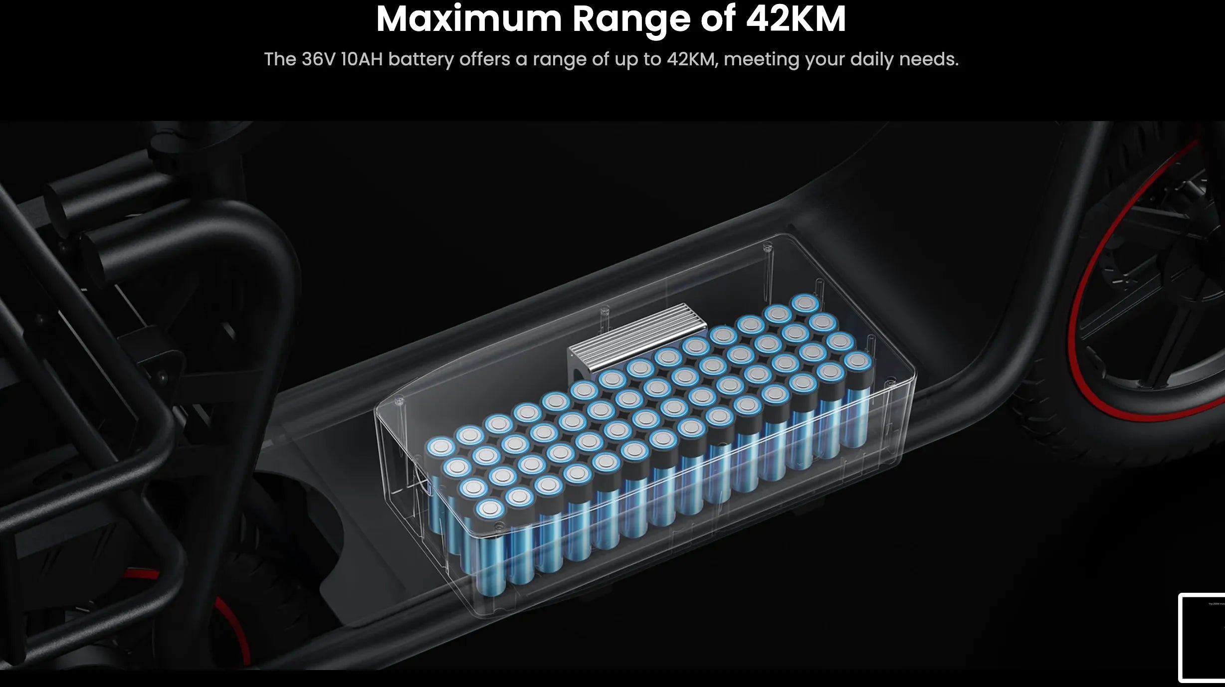 Battery pack with blue cylindrical cells inside a vehicle, showing maximum range of 42KM.