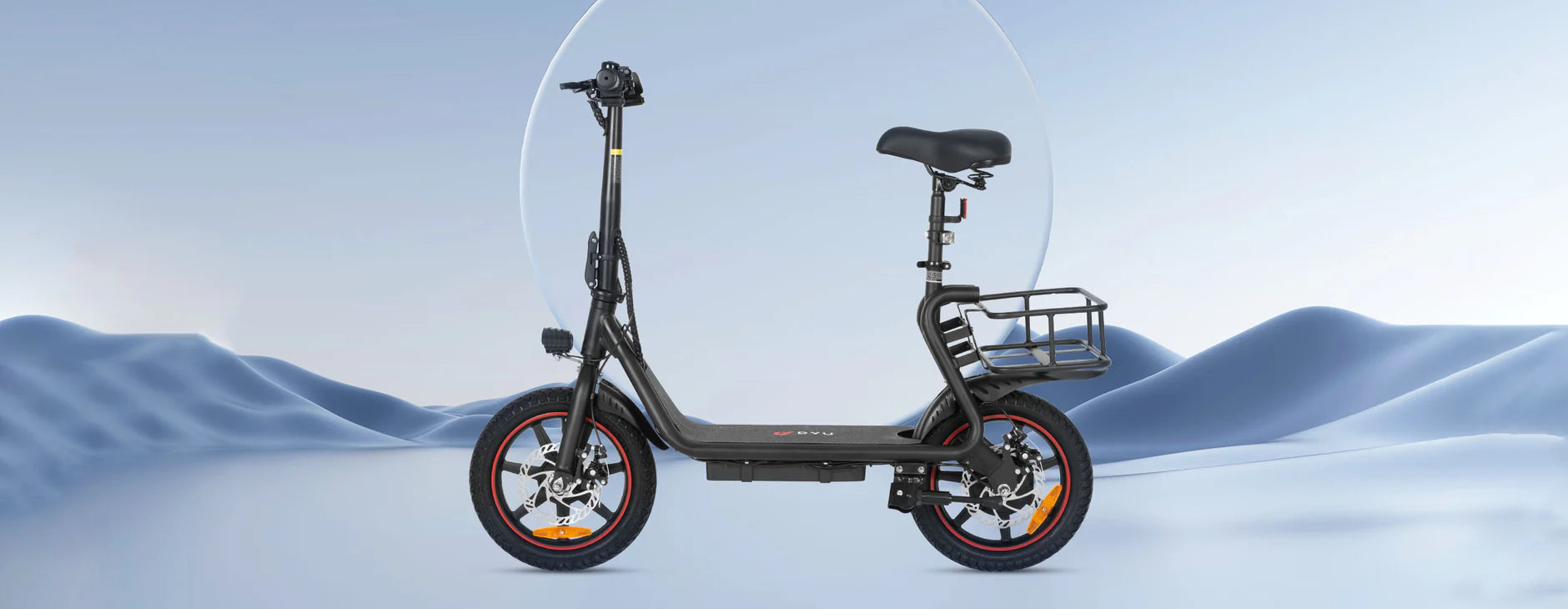 Black electric bike with a clear canopy on a snowy landscape